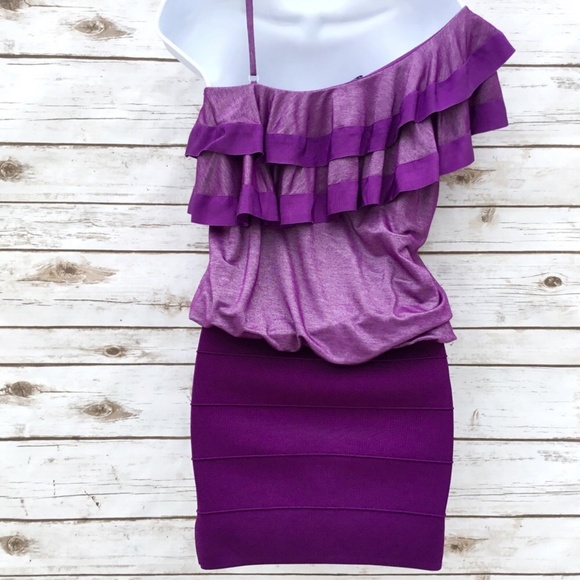 Bebe Ruffled 1 Shoulder Purple Bandage Skirt Dress - Picture 3 of 8